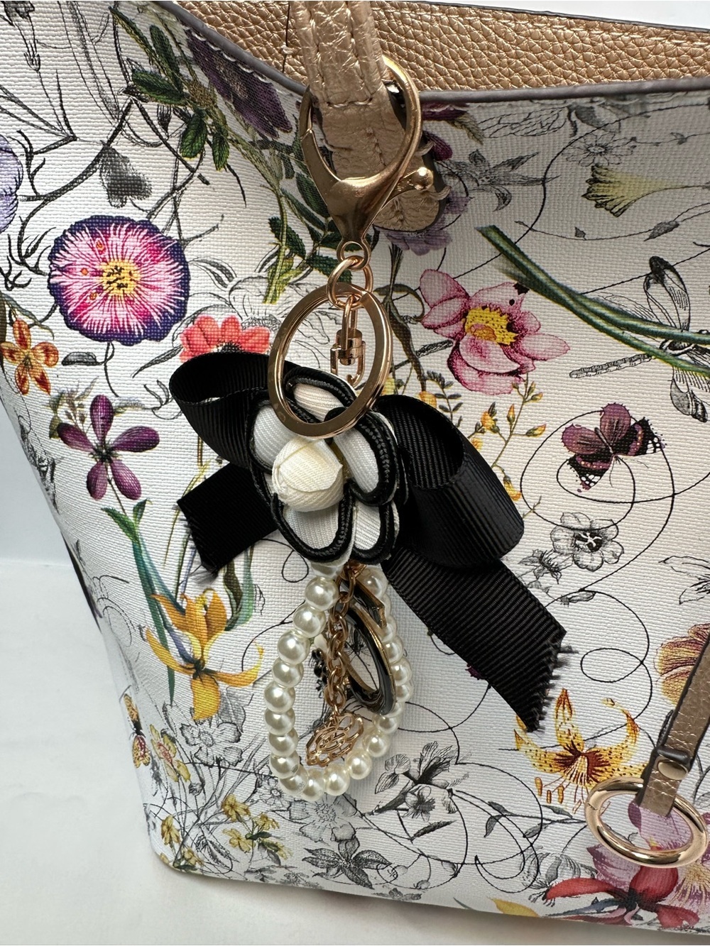 Floral Print Reversible Tote Bag with Gold Trim - Picture 2 of 11